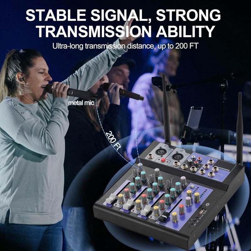 SIKUING Professional Audio Mixer with Dual Wireless Mic, 4 Channel Mixer Board Sound Board DJ Mixer Console System MP3 Bluetooth 48V Phantom Power USB Interface for Home Karaoke Party - Image 4